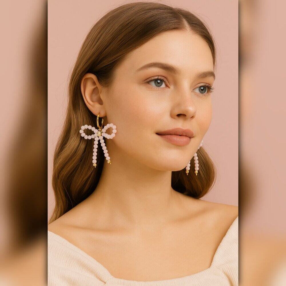 A501 • Pink Beaded Bow Drop Earrings Gold Hoop Statement
